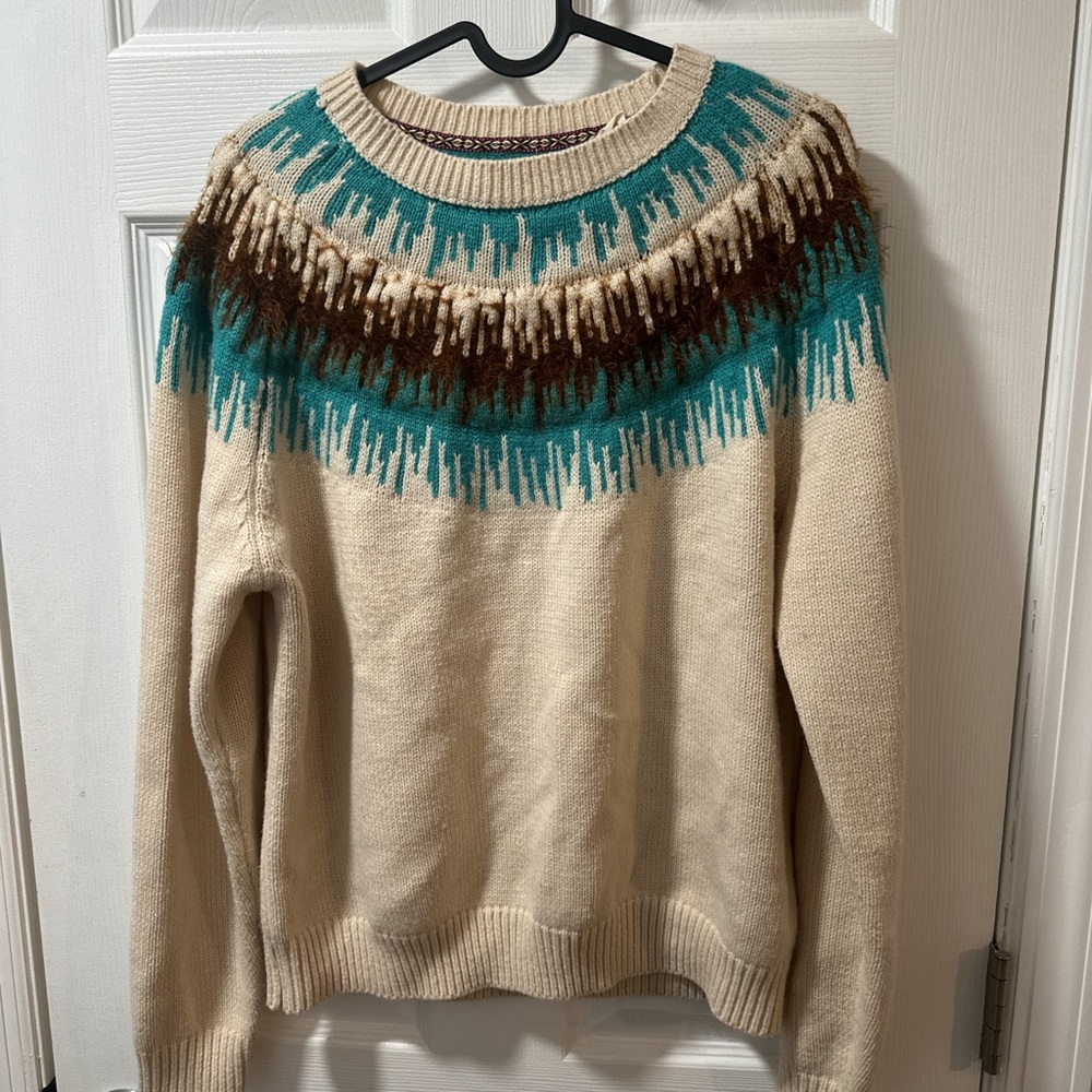 Cream and Teal Patterned Sweater